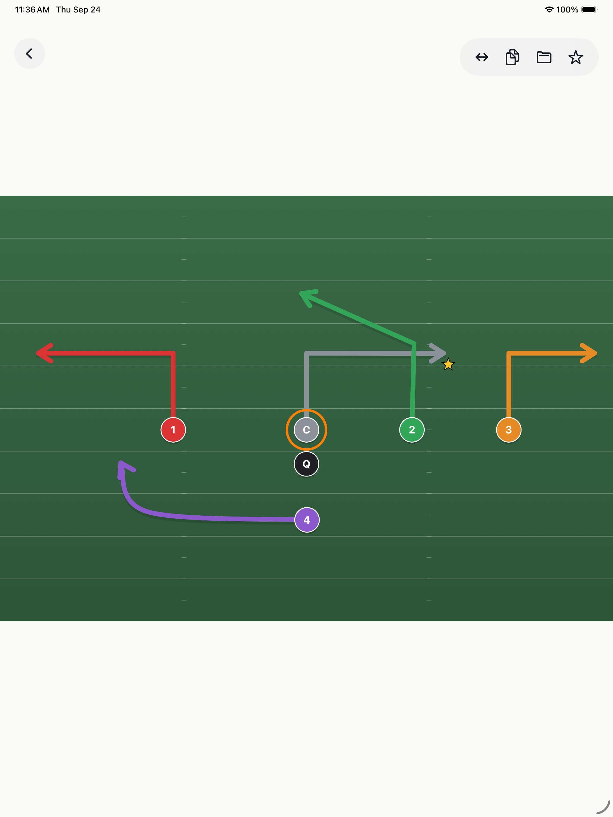 A play design in Flagbook, showing numbered color-coded routes on a field